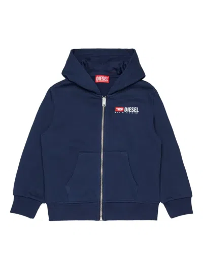 Diesel Kids' Zip Logo Hooded Sweatshirt In Blue