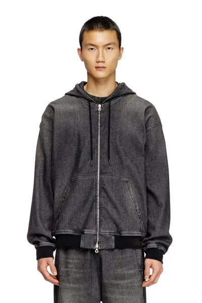 Diesel Zipped Hoodie In Dirt-effect Track Denim In Black