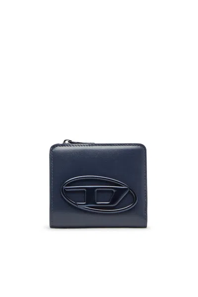 Diesel Zipped Leather Card Holder In Blue