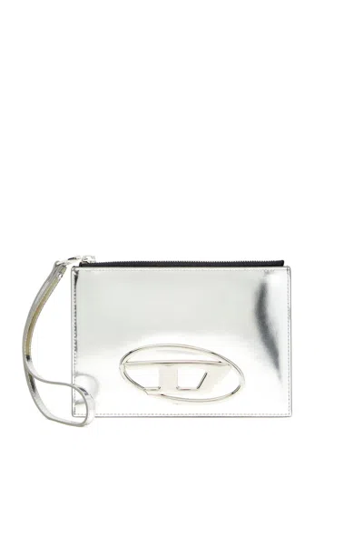 Diesel Zipped Pouch In Mirror Leather In Silver
