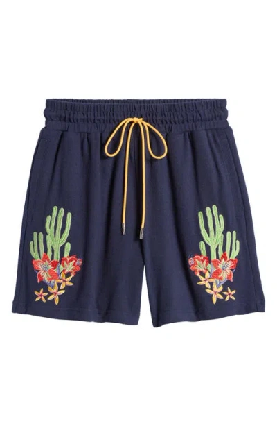 Diet Starts Monday Cactus Floral Bay Embroidered Knit Drawstring Shorts In Navy