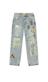 Diet Starts Monday Doodle Embroidered Ripped Cotton Jeans In Blue