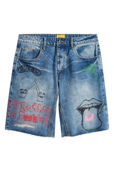 Diet Starts Monday Doodle Distressed Raw Hem Denim Shorts In Blue