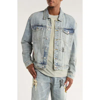 Diet Starts Monday Doodle Embroidered Distressed Denim Trucker Jacket In Blue