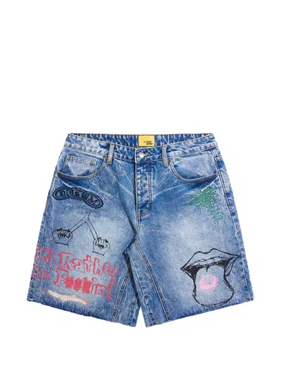 Diet Starts Monday Doodle Distressed Raw Hem Denim Shorts In Blue