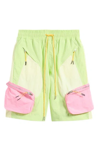 Diet Starts Monday Nylon Colorblock Cargo Shorts In Volt/pink