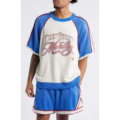 Diet Starts Monday Warm-up Colorblock Short Sleeve Cotton Graphic Sweatshirt In Blue