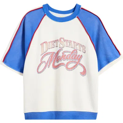 Diet Starts Monday Warm-up Colorblock Short Sleeve Cotton Graphic Sweatshirt In Blue/cream