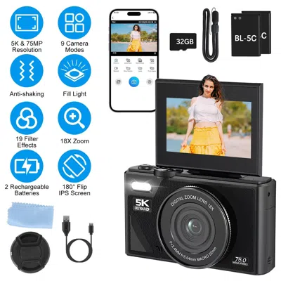 Digicam 1pc 5k 75mp Digital Camera For Photography Anti-shake Wifi Vlogging Video Camera With 9 Shooting Mod In Black