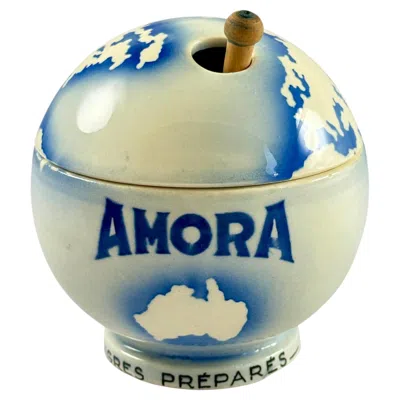 Pre-owned Digoin & Sarreguemines 1930s Amora Mustard World Globe French Cafe Pot & Spoon In Yellow