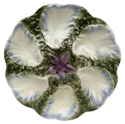 Pre-owned Digoin & Sarreguemines Majolica Oyster Blue Starfish Plate Digoin, Circa 1900