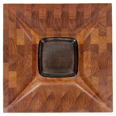 Pre-owned Digsmed Vintage Divided Teak Serving Tray With Glass Dish By  In Brown