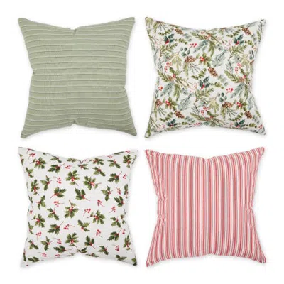 Dii Asst Holiday Holly Print And Stripe Pillow Cover 18x18 Set/4