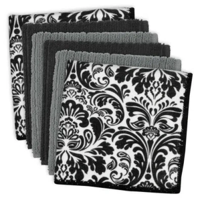 Dii Black Damask Microfiber Dishcloth Set/6