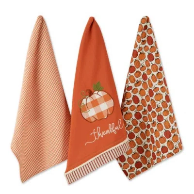 Dii Thankful Check Pumpkin Assorted Dishtowel Set/3