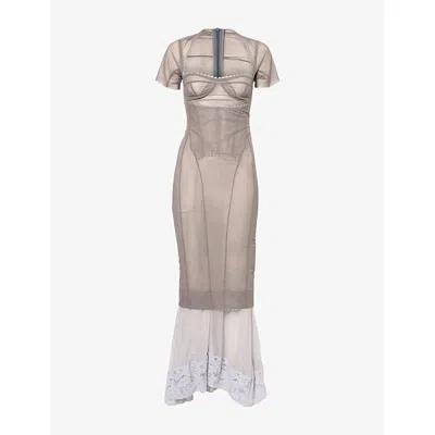 Dilara Findikoglu Womens  Cloudy Border Short-sleeve Stretch-mesh Maxi Dress In Grey