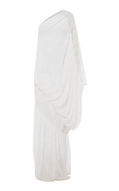 Dima Ayad Lace And Georgette Cotton Ruched Gown In White