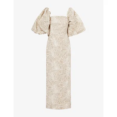 Dima Ayad Womens Beige White Embroidered Bubble-sleeves Woven Maxi Dress In Neutral