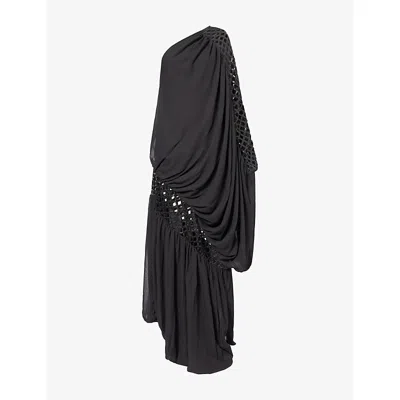 Dima Ayad Womens Black Sequin Caged One Shoulder Woven Maxi Dress Xs