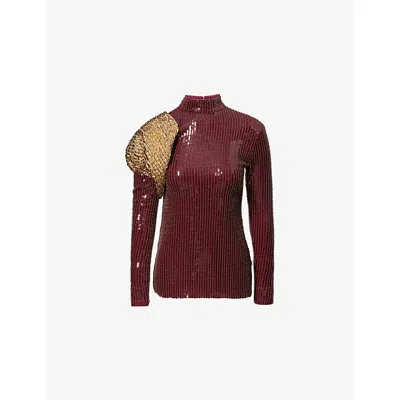 Dima Ayad Womens Burgundy Studded Sequin High-neck Woven Top