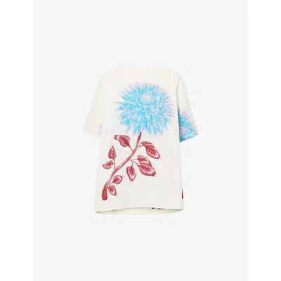 Dima Ayad Womens Ivory/blue, Plisse Floral Jacquard Blouse Xs In White