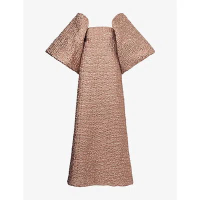 Dima Ayad Womens Metallic Strapless Puff Sleeves Woven Dress Peach In Brown