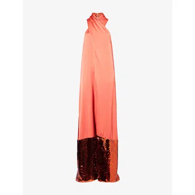 Dima Ayad Womens Orange Sequin Halterneck Woven Maxi Dress