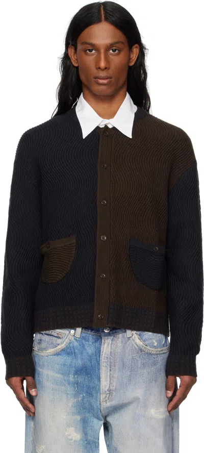 Dime Navy & Brown Wave Knit Cardigan