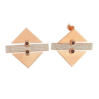Dime Tribe Women's Rose Gold Earrings With Geometric Detail, Diamonds And Ruby Stones