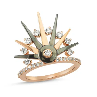 Dime Tribe Women's Rose Gold Spike Detail, Black Gold With Diamond Ring