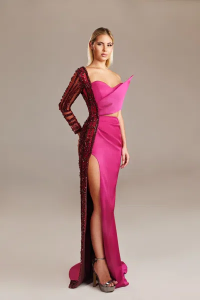 Dimitri Sidawi Asymmetrical Beaded Gown In Pink