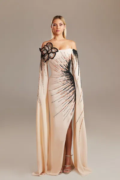 Dimitri Sidawi Off-shoulder Cape Sleeve Gown In Beige