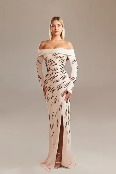 Dimitri Sidawi Off-shoulder Long Sleeved Gown In Beige