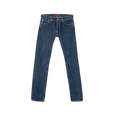 Din & Deen Men's Blue Slim Fit Denim Selvedge Washed White Jeans Katana Collection