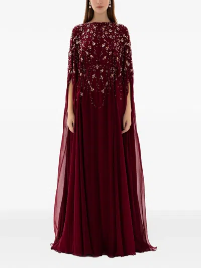 Dina Melwani Beaded Cape Dress In Red