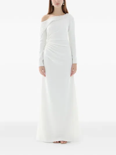Dina Melwani Crystal Draped Off-shoulder Gown In White