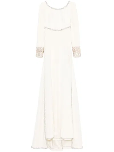 Dina Melwani Crystal-embellished Cape-detail Gown In White