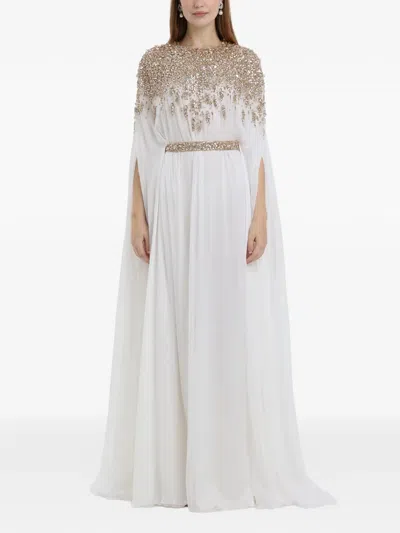 Dina Melwani Crystal-embellished Cape-sleeve Maxi Dress In White
