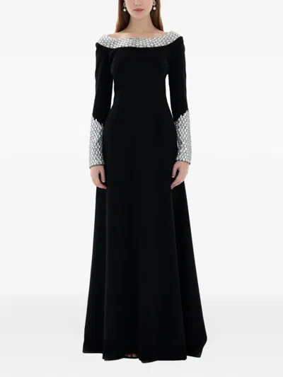 Dina Melwani Crystal Embellished Gown In Black