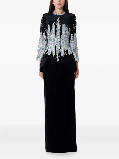 Dina Melwani Crystal Embroidered Velvet Maxi Dress In Black