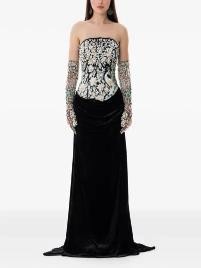 Dina Melwani Crystal Embroidered Velvet Maxi Gown In Black