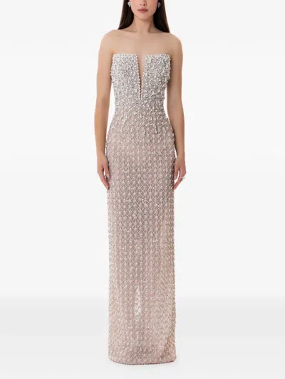 Dina Melwani Crystal Freshwater Embellished Maxi Dress In Gray