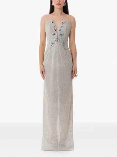 Dina Melwani Crystal Hand-embroidered Maxi Gown In Gray