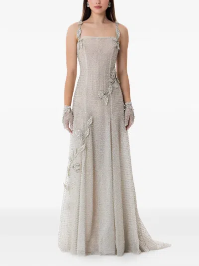 Dina Melwani Crystal Leaf Embellished Maxi Gown In Neutral