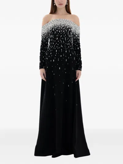 Dina Melwani Crystal Off-shoulder Gown In Black
