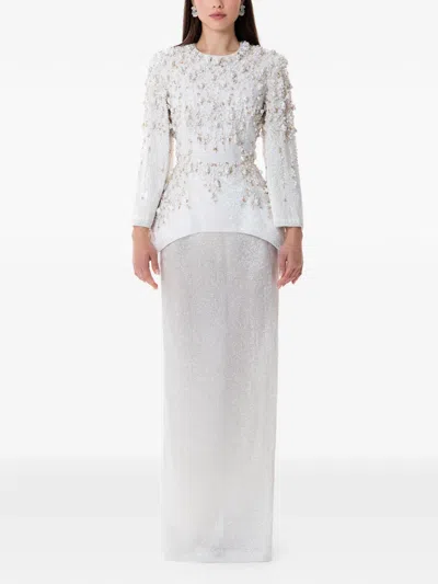 Dina Melwani Crystal Pearl Embellished Couture Maxi Dress In White