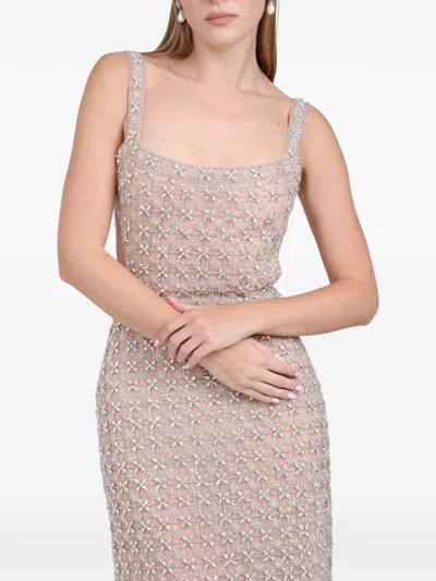 Dina Melwani Crystal Square-neck Midi Dress In Neutral