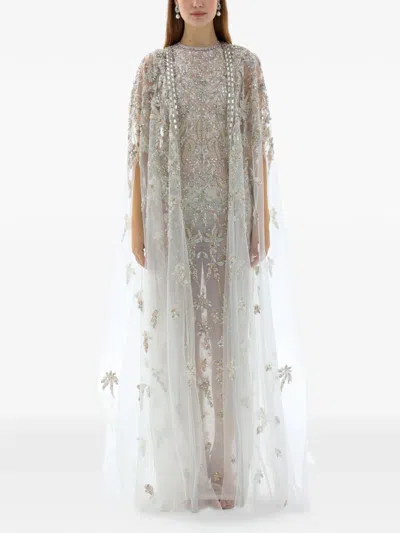 Dina Melwani Crystal-embellished Cape Maxi Gown Dress In Neutral
