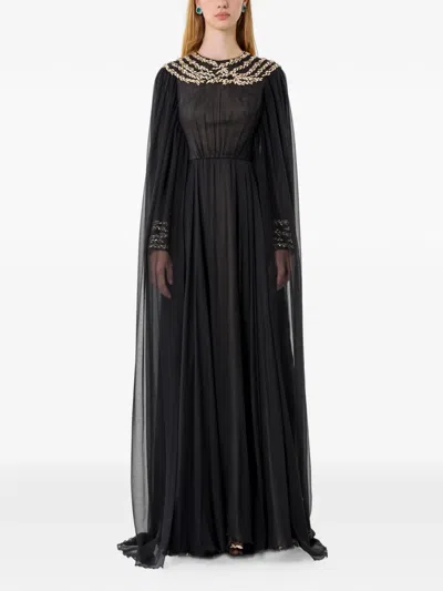 Dina Melwani Crystal-embellished Cape-sleeve Maxi Dress In Black