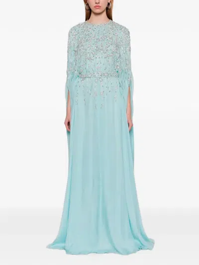 Dina Melwani Crystal-embellished Cape-sleeve Maxi Dress In Blue